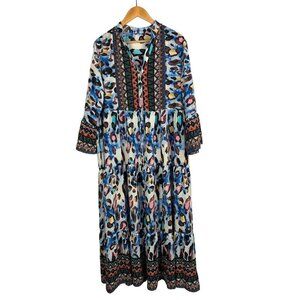 Multi-Color Bohemian Maxi Dress With Vibrant Patterns & 3/4 Sleeves
